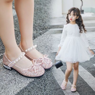 Girls Solid Color Rhinestone Shiny Beaded Performance Princess Shoes Childrens Low Heel Bow Little Leather