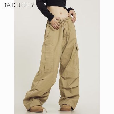 [ส่งของ]DaDuHey New Style American Street Large Pocket Casual Pants High Waist Loose Wide Leg Pants Khaki Trousers
