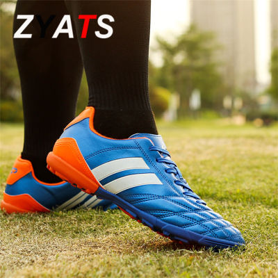 ZYATS รองเท้าฟุตซอลฝึกสนามหญ้าในร่มกันลื่น,รองเท้าฟุตบอลกีฬาทนต่อการสึกหรอสีฟ้าและสีส้ม