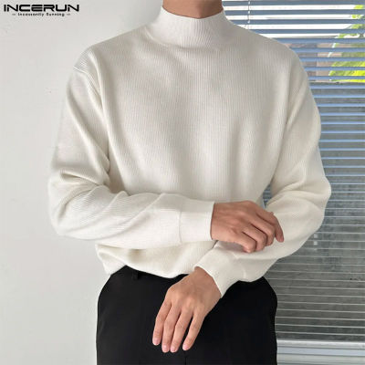 INCERUN เสื้อยืดลายทางแขนยาวสำหรับผู้ชายคอสูงเสื้อลำลองเรียบ (สไตล์เกาหลี)