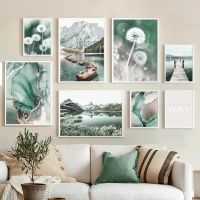 ☊ ภาพทิวทัศน์ภาพวาดผ้าใบ Wall Art Green Lake Dandelion Marble ภูมิทัศน์โปสเตอร์และพิมพ์ Modern Home Living Room Decor