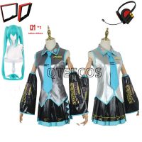 Anime Vocaloid  Miku  Cosplay Costume PU Leather Midi Dress Girls Halloween Christmas Party Full Sets With Wig