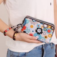 ♣✆☍ Female Handbag Print Canvas Three-layer Zipper Wallet Bag Portable Larger Capacity Waterproof Coin Purse Mobile Phone Wallet