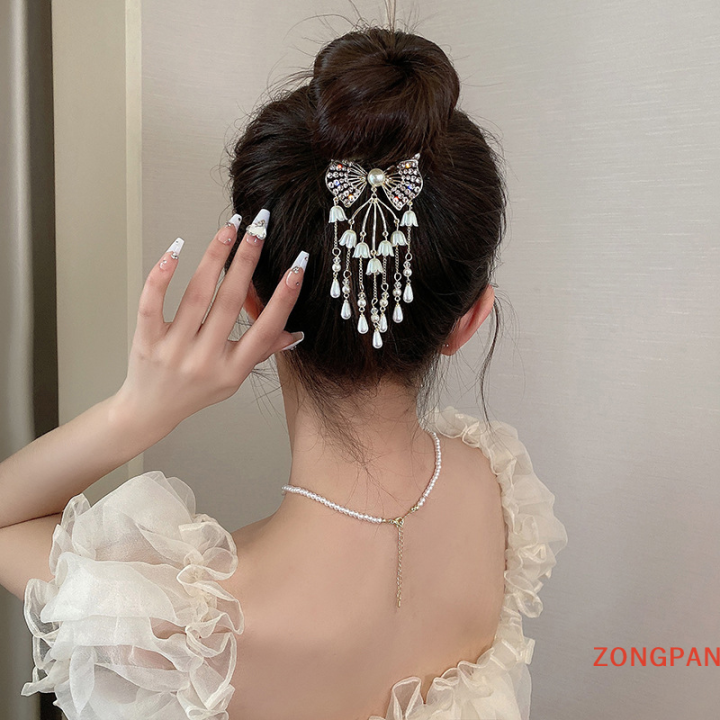 zongpan-กิ๊บติดผมรูปดอกกล้วยไม้กระดิ่งแบบย้อนยุคสำหรับผู้หญิงกิ๊บหนีบผมมีพู่ห้อยประดับคริสตัลหรูหราเครื่องประดับผมเกาหลี