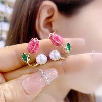 Pink Tulip Imitation Pearl Earrings Rose Color Flower Two Ways To Wear Ear Studs for Girls Daily Wear Women Ear Piercings Gifts