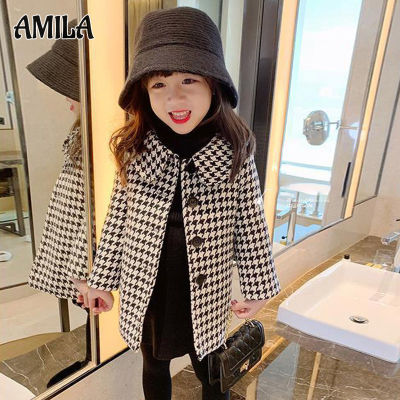 AMILA เสื้อโค้ทเด็กผู้หญิงเสื้อโค้ทขนสัตว์สไตล์เกาหลี,เสื้อโค้ทแบบหนาเด็กผู้หญิงยาวปานกลาง