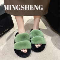 Mingsheng ผ้ากำมะหยี่หนาสำหรับผู้หญิง,สไตล์เกาหลีแบบใหม่รองเท้าแตะขนฟูเสื้อนอกรองเท้าแตะใส่เดินในบ้านคำเดียวสำหรับผู้หญิง