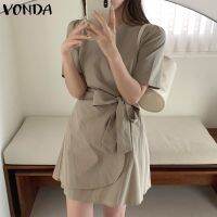 №✽✻ Vonda ชุดมินิเดรส คอกลม แขนสั้น สีพื้น สไตล์เกาหลี สําหรับผู้หญิง