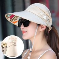 Hot Summer Sun Hat With Pearl Adjustable Big Heads Wide Edge Beach Hat UV Protection Packable Sun Visor Hat Female Outdoor Cap