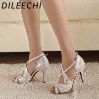 DILEECHI Brand Womens White Satin Leopard Latin Dance Shoes Wholesale Spot Salsa Party Square Dance Shoes High Heels 8.5Cm