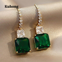 ต่างหูห้อยสำหรับผู้หญิง Kuhong พร้อมต่างหูทรงเหลี่ยมสีเขียว Cubic Zirconia Temperament Female Ear Earrings