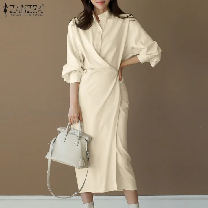 ZANZEA Korean Style Womens Button Up Long Sleeve Cocktail Side Tie Wrap OL  Work Midi Dress | Lazada PH