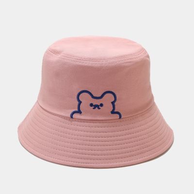 หมวกแฟชั่น Topi Bucket สำหรับผู้หญิงผู้ชายหมวกผ้าฝ้ายลำลองพิมพ์ลายอ่างปลาหมวกอาบแดดชาวประมงขายส่งเรียบง่ายสีชมพู