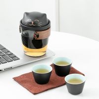 Tea Set Portable Travel Tea Set Simple Kung Fu Teapot Tea Cup Cute Cat Outdoor One Pot Three Cups Glass Ceramics Tea Cup Set