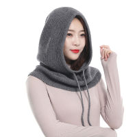 Unisex Knitted Cashmere Hooded Neck Collar Cap Head Drawstring Thick Beanie Men&amp;Women Solid Color Adjustable Elastic Hat