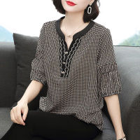 2021 New Lace V-Neck Ladies Fashion Shirts Loose Stripe Summer Tops