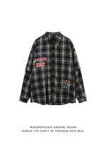 American retro letter printed plaid long-sleeved shirt men and women ins street loose all-match shirt 【BYUE】