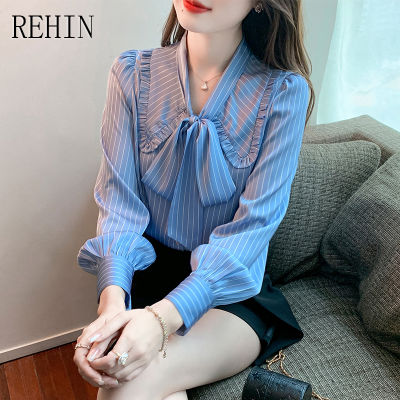 REHIN เสื้อผู้หญิงลายทางแฟชั่นบลูใหม่ฤดูใบไม้ผลิเสื้อแขนยาวผ้าชีฟองผู้หญิงมีช่อง