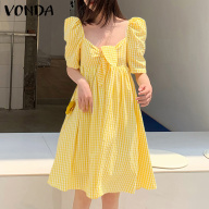 VONDA Váy Midi Kẻ Sọc Ca Rô Cạp Cao Tay Ngắn Cho Nữ (Phong cách Hàn Quốc giản dị) thumbnail