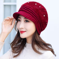 HT2909 Berets Thick Warm Winter Hat Women Pearl Rabbit Fur Hat Fleece Lined Newsboy Cap Lady Knitted Hat Fashion Women Beret Hat