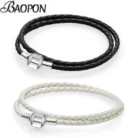 2 BAOPON สร้อยข้อมือเครื่องรางสีขาว/สายหนังสีดำเหมาะสำหรับลูกปัดแบบทำมือสร้อยข้อมือแบรนด์สำหรับผู้หญิงคนรักผู้ชายของขวัญเครื่องประดับ