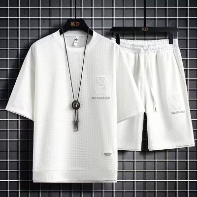 ชุดวอร์มวาฟเฟิลสำหรับผู้ชายชุดวอร์มสีขาว2ชิ้นชุดสั้นพิมพ์ลายสำหรับใส่หน้าร้อนชุด2023