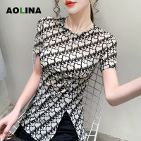 AOLINA เสื้อยืดแฟชั่นใหม่สำหรับฤดูร้อน2023เสื้อยืดแขนสั้นสำหรับผู้หญิงเสื้อยืดทุกอย่างลาย Love พิมพ์ลายคอกลมไม่สม่ำเสมอ
