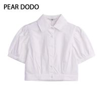 PEAR DODO เสื้อเชิ้ตแขนพองเกาหลีสำหรับผู้หญิงเสื้อแขนสั้นสีขาวหลวม