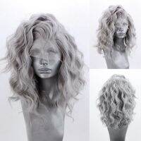 AIMEYA Silver Grey Short Body Wave Synthetic Lace Front Wigs for Women Free Part Pre Plucked Natural Hairline Cosplay Wigs Wig  Hair Extensions Pads