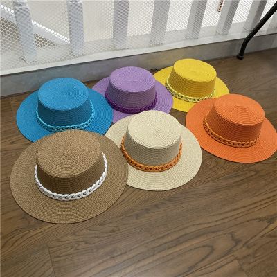 Uiy-03หมวกสตรีทรงแบนปรับได้สำหรับฤดูร้อนหมวกเฟอดร่าแสงแดดหมวกฟางหมวกชายหาดแจ๊สสีเหลืองเรืองแสง