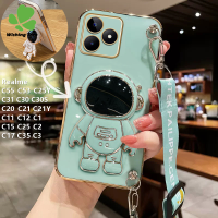 เคสสำหรับ Realme OPPO C55 C53 C35 C31 C30 C30S C21Y C25Y C21 C20 C15 C12 C25 C11 C3 C1แฟชั่นลายการ์ตูนนักบินอวกาศยืนเคสโทรศัพท์น่ารักเทรนด์6D เคสโทรศัพท์ TPU นุ่มโลหะด้วยไฟฟ้าพร้อมสายคล้องคอ