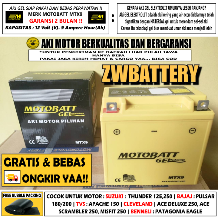 AKI MOTOR THUNDER 125, PULSAR 180 MTX9 MOTOBATT GEL | Lazada Indonesia
