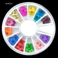 SK☀36 Pcs 3D Nail Art DIY Tips Sticker Dried Flower Acrylic Decoration Wheel Box