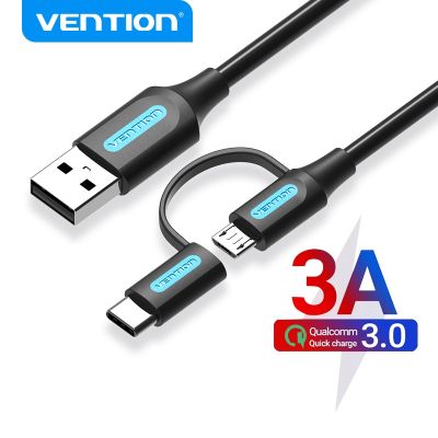 [HOT RUXMMMLHJ 566] Vention USB 2 In 1 Type C สายเคเบิลสำหรับ Xiaomi Mi 9 3A ที่ชาร์จไฟรวดเร็ว USB USB สายสำหรับซัมซุง Galaxy S10 S9 Plus Huawei ไมโคร USB สายเคเบิล USB