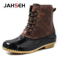 Plush Warm Men รองเท้าหิมะฤดูหนาวรองเท้าเป็ด Unisex ยางกันน้ำ Sole Rain Boots Lace Up ข้อเท้ารองเท้าแฟชั่นเดิน Shoes ~