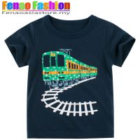 Boy T-shirt Kid Fire Truck Baby Boy Children Tops Train on Railway Short Sleeve Boys Clothing Stitching Cotton