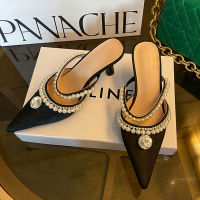 Black White Rhinestone Satin Women Pumps Slippers String Pearl Pointed Toe High Heels Ladies Mules Slides Summer Prom Shoes