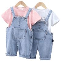 【Ready】? 23 summer new ildrens wern-sle dem cred troers suit boys overs rl two-piece an sle y