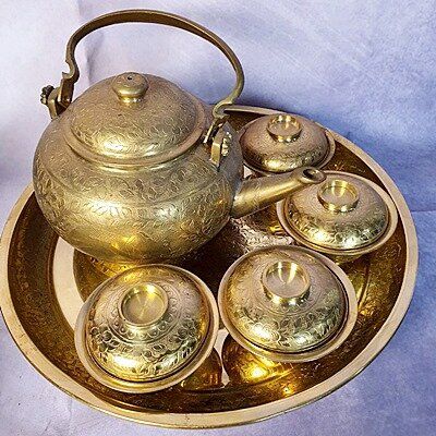 ชุดน้ำชากาแป้นใหญ่ ทองเหลืองตอกลาย ถาดหล่อหนาตอกลาย 12 นิ้ว Premium ไร้รอยตะกั่วบัดกรี