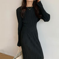 2021MATAKAWA Korea Chic Retro Simple Vestido Feminino Round Neck Fold Femme Robe Elastic Waist Long Sleeve Bodycon Dress Women