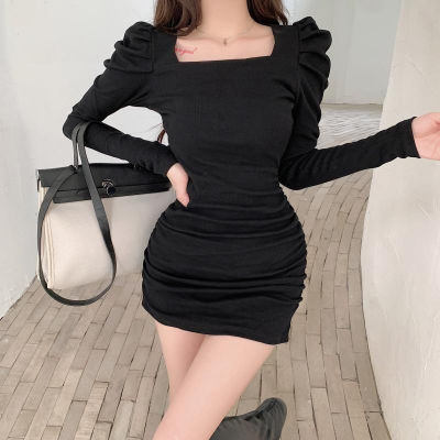 Spot parcel post Puff Sleeve Square Collar Dress Womens Autumn Fitted Waist Pleated Slimming Long Sleeve Bottoming Skirt Fried Street Hot Girl Hip Skirt