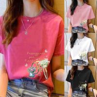 เสื้อยืดคอกลมสำหรับผู้หญิงขนาดใหญ่พิเศษ4 Xllloose ลำลองสีดำแขนสั้นแฟชั่นเสื้อยืดพิมพ์ลายการ์ตูนสำหรับผู้หญิงฤดูร้อนใหม่