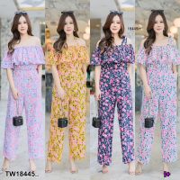 PP18445 Jumpsuit #สาวอวบ จั้มสูทระบายอก มีสายผูกไหล่ ..