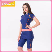 LYSEACIA L-XXXL ชุดว่ายน้ำแขนสั้นสำหรับผู้หญิงเสื้อตัวยาวมีซิปด้านหน้า + กางเกงขาสั้นชุดว่ายน้ำสองชิ้นสตรีชุดว่ายน้ำเล่นเซิร์ฟผ้ายืดมีซิปด้านหน้า