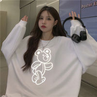 Ezgaga Sweatshirt Women Reflective Cartoon Bear Pullover Autumn Korean Harajuku Tops Long Sleeve Ins Oversized Jumper Street