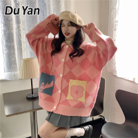 Du YAN ฤดูใบไม้ร่วงและฤดูหนาวรูปสี่เหลี่ยมขนมเปียกปูนหลวมเสื้อกันหนาวแบบถักเสื้อกันหนาวไหมพรมแขนยาว