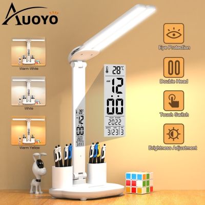 ♨☏ Auoyo Desk Lamp Double-head Table Lamps 3 Color Touch Dimming Nordic Lamp Desk Light College Dorm Bedroom Lamp Modern Table Lamp Eye Protection Lights Work And Study Table Lights