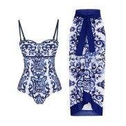 Bikini Màu Xanh Dương Đồ Bơi Thời Trang In Họa Tiết Và Che Phủ Với Váy Bó