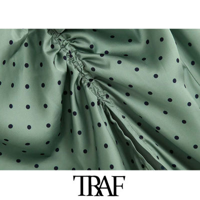 TRAF Women Vintage Elegant Polka Dot Pleated Midi Skirt Fashion Elastic Waist Side Zipper Slit Female Skirts Chic Faldas Mujer