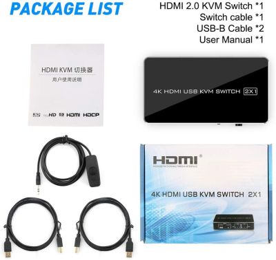 Navceker สวิตช์ KVM สำหรับ HDMI 2พอร์ต4K สวิทช์ USB KVM กล่องตัวแยกตัวสลับ HDMI สำหรับแชร์เครื่องพิมพ์เมาส์และคีย์บอร์ดสวิตซ์ HDMI KVM